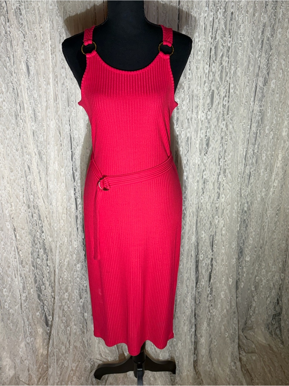 Michael Kors Hot Pink Ribbed Midi Dress with Ring-Detail Straps